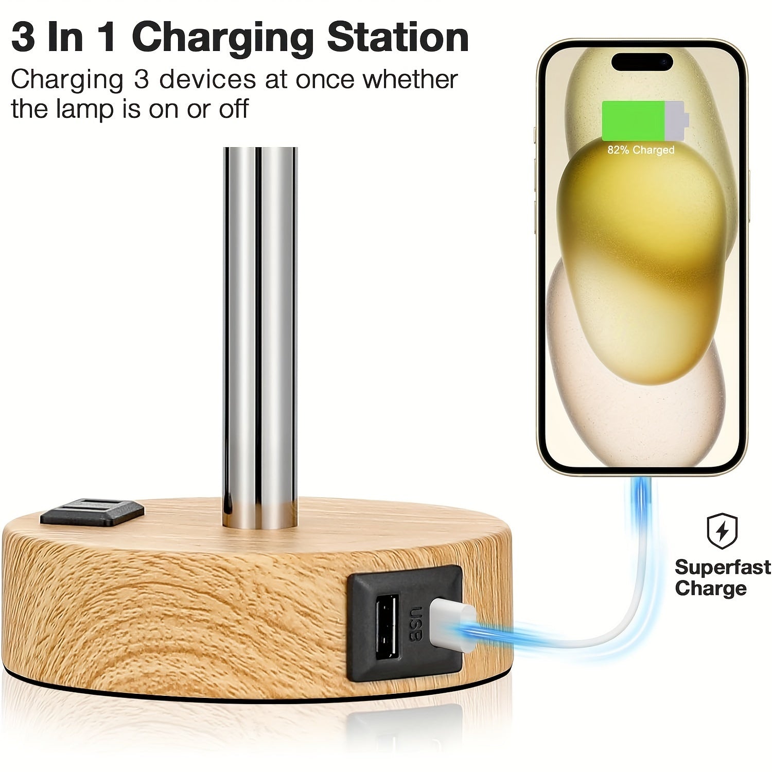 Bedside Table Lamp for Bedroom Nightstand - 3 Way Dimmable Touch Small Lamp USB C Charging Ports and AC Outlet, Wood Base Round Flaxen Fabric Shade for Living Room, Office Desk, LED Bulb Included