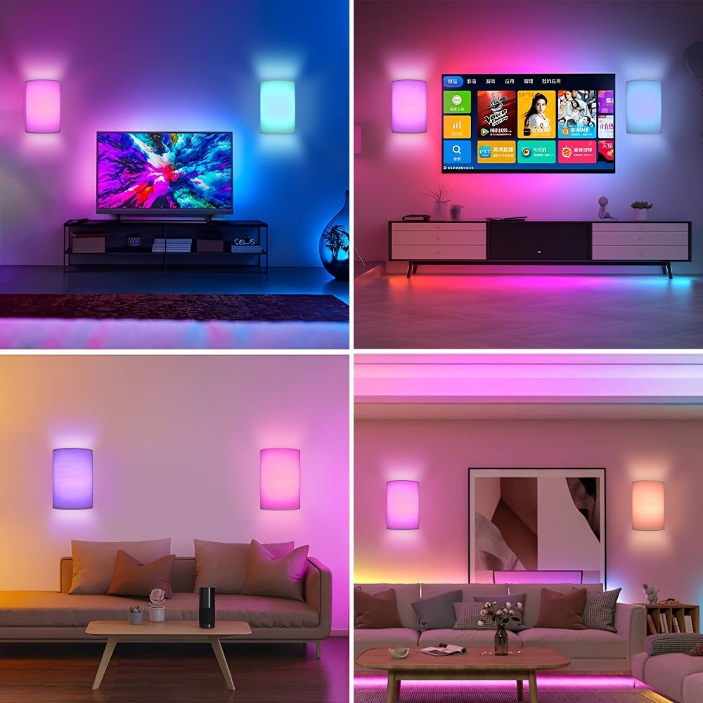 Battery Operated RGB Wall Sconce with Remote Control - 16 Color Changeable, Dimmable LED Light, Fabric Shade for Bedroom, Living Room & Hallway, No Wiring Required