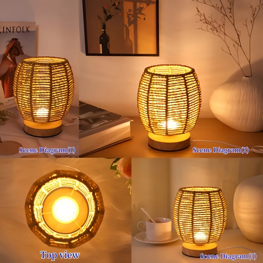 Modern Hand-Woven Table Lamp - Wood Base, Linen Shade, USB Powered LED Desk Lamp for Bedroom, Study, Living Room FJORD