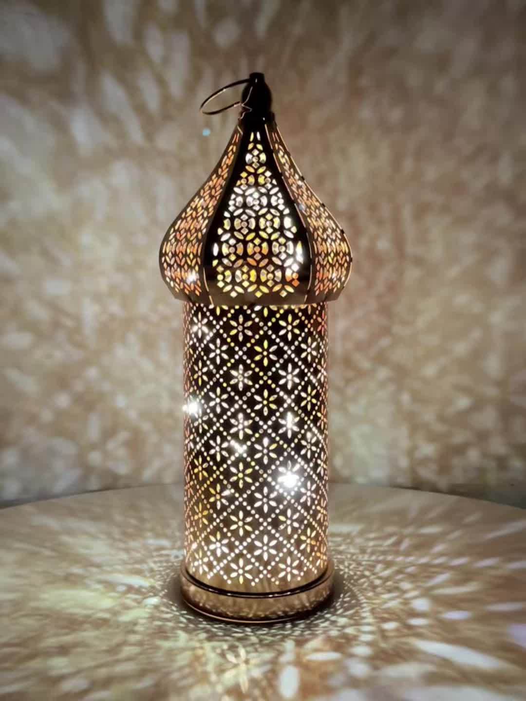 Moroccan Rose Golden LED Lantern - Battery-Powered, Hollow Design for Dreamy Ambiance in Living Room & Bedroom Decor