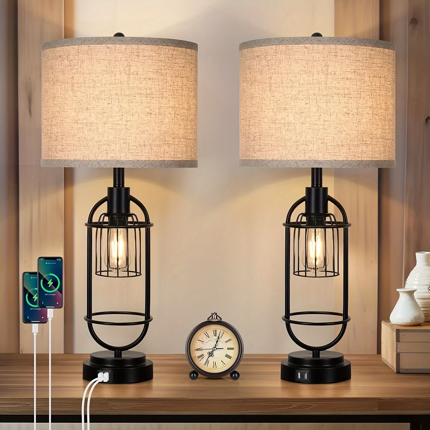 Set of 2 Farmhouse Table Lamps with USB Ports, 29" Tall Nightstand Desk Lamps, Cream Fabric Shade, Industrial E26 Base, Rotary Switch for Bedroom Living Room FJORD