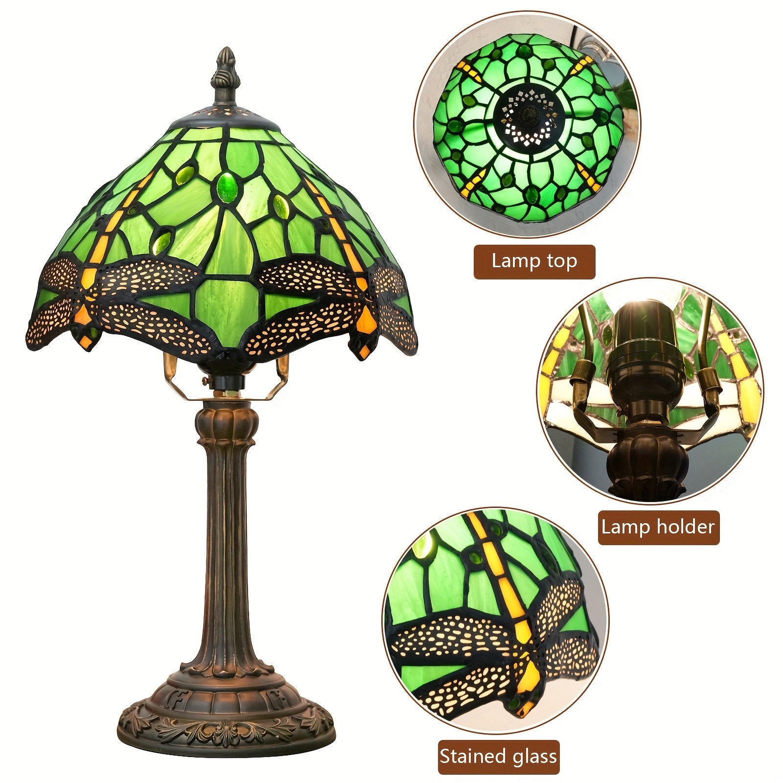 Vintage Art Deco Stained Glass Table Lamp - 8-inch, Antique Metal Base, Push Button Control, Animal Theme - Ideal for Bedroom, Living Room, Office, Creative Gift FJORD