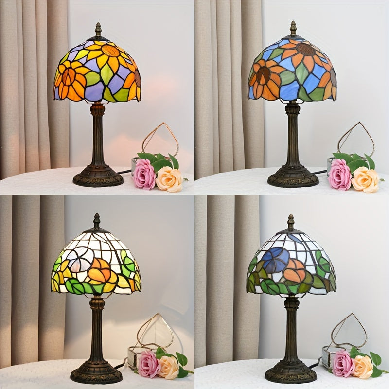 Vintage Art Deco Stained Glass Table Lamp - 8-inch, Antique Metal Base, Push Button Control, Animal Theme - Ideal for Bedroom, Living Room, Office, Creative Gift FJORD