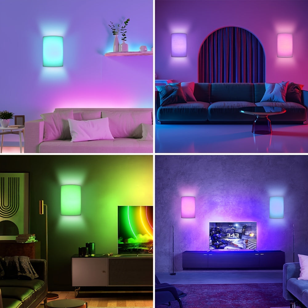 Battery Operated RGB Wall Sconce with Remote Control - 16 Color Changeable, Dimmable LED Light, Fabric Shade for Bedroom, Living Room & Hallway, No Wiring Required