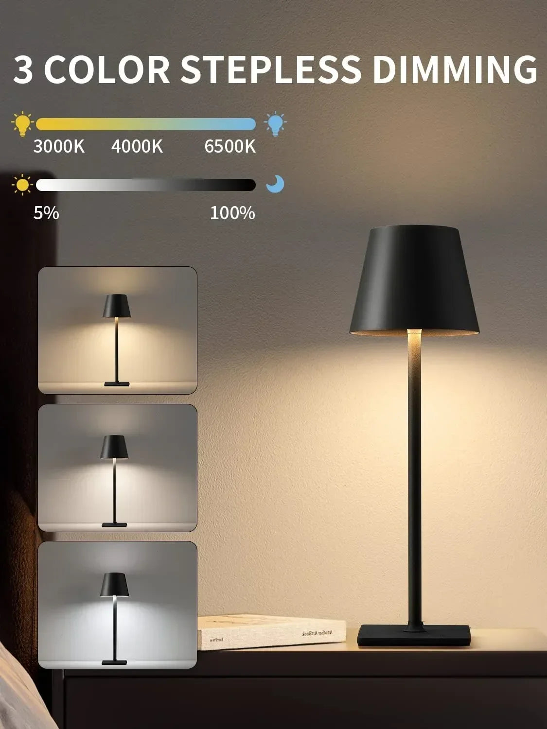 USB Rechargeable LED Desk Lamp - Black | Waterproof Wireless Touch Table Lamp for Hotel, Restaurant & Bedroom Ambiance FJORD.