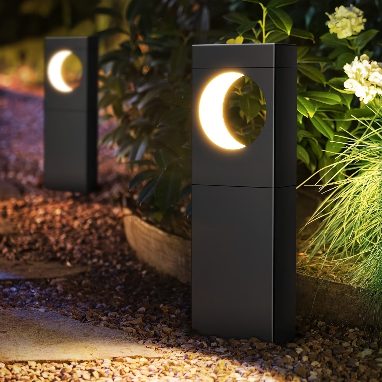 6-Pack Solar Pathway Lights Outdoor, Waterproof IP65, Moon Shape Design, Auto On/Off, Warm White LED for Garden Yard Walkway