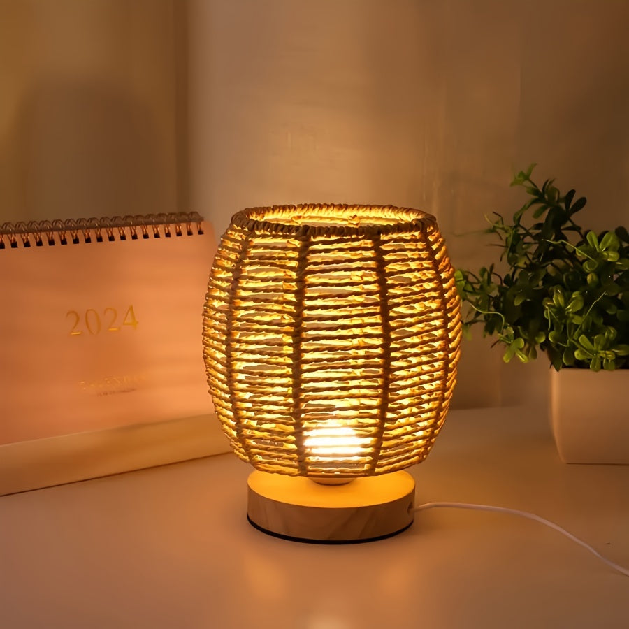 Modern Hand-Woven Table Lamp - Wood Base, Linen Shade, USB Powered LED Desk Lamp for Bedroom, Study, Living Room FJORD