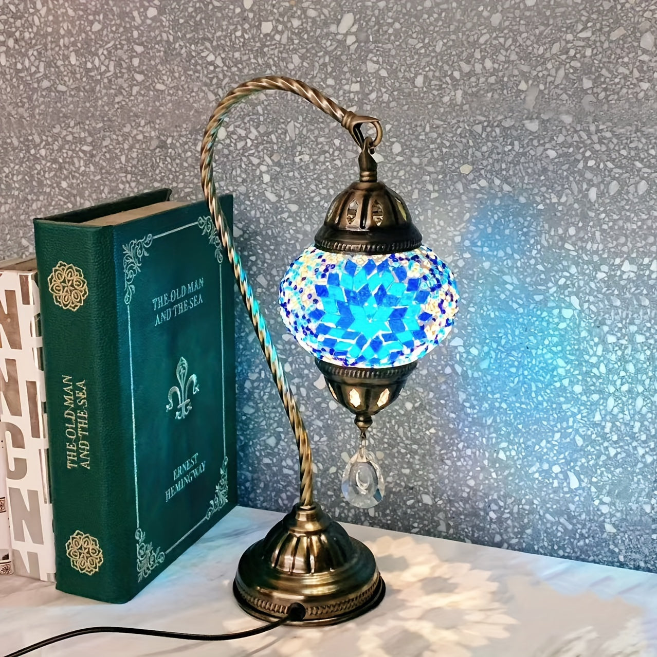 Charming Blue Glass USB Table Lamp - Turkish Mosaic Design for Bedroom, Living Room & Study Decor