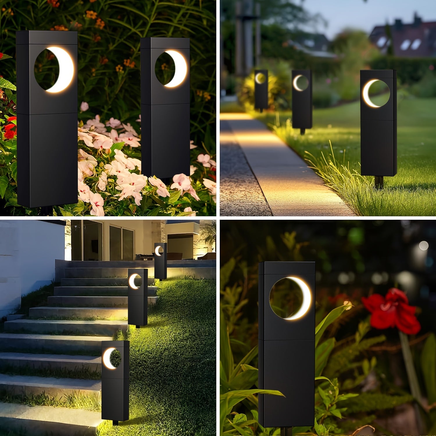 6-Pack Solar Pathway Lights Outdoor, Waterproof IP65, Moon Shape Design, Auto On/Off, Warm White LED for Garden Yard Walkway