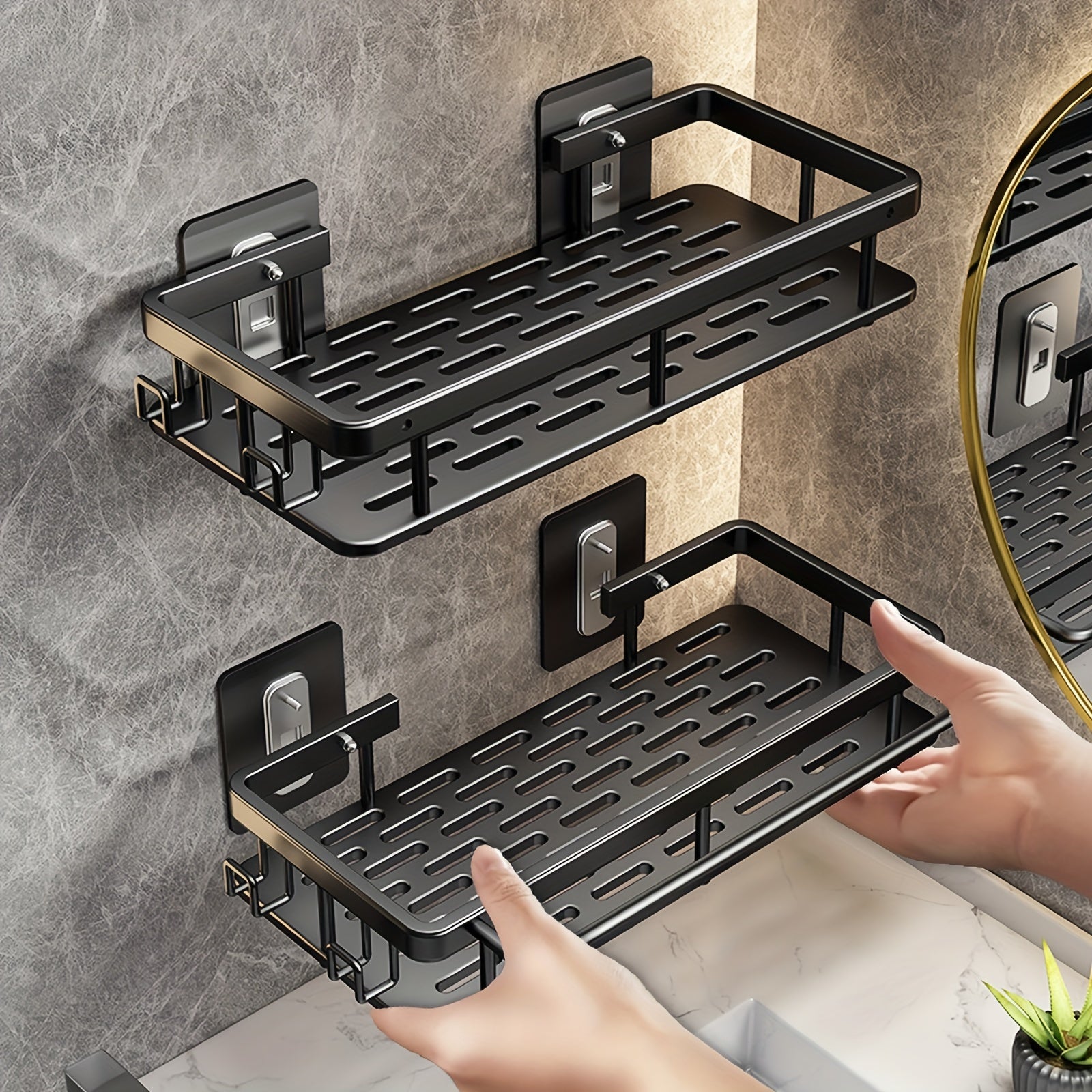 2 Pack Black Shower Caddy Shelf, Wall Mounted Rustproof Shower Organizer with Hooks, No Drilling Space-Saving Bathroom Storage for Kitchen, Toilet, and Bedroom