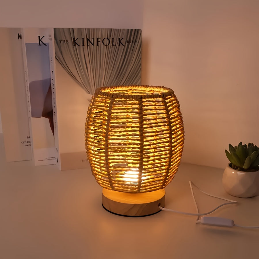 Modern Hand-Woven Table Lamp - Wood Base, Linen Shade, USB Powered LED Desk Lamp for Bedroom, Study, Living Room FJORD