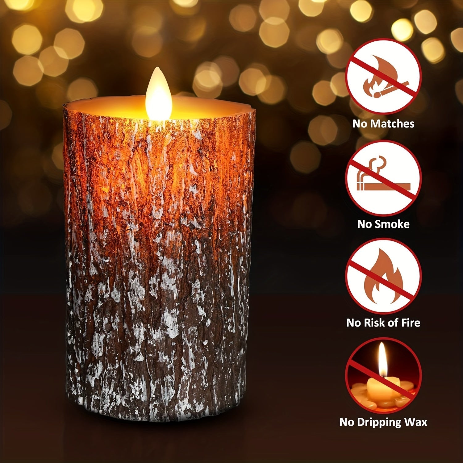 Rustic Pine Bark Flameless Candle Set - Flickering LED Candles with Timer & Remote, Realistic Tree Stump Design for Home & Outdoor Decor, Battery Operated, Set of 3 FJORD