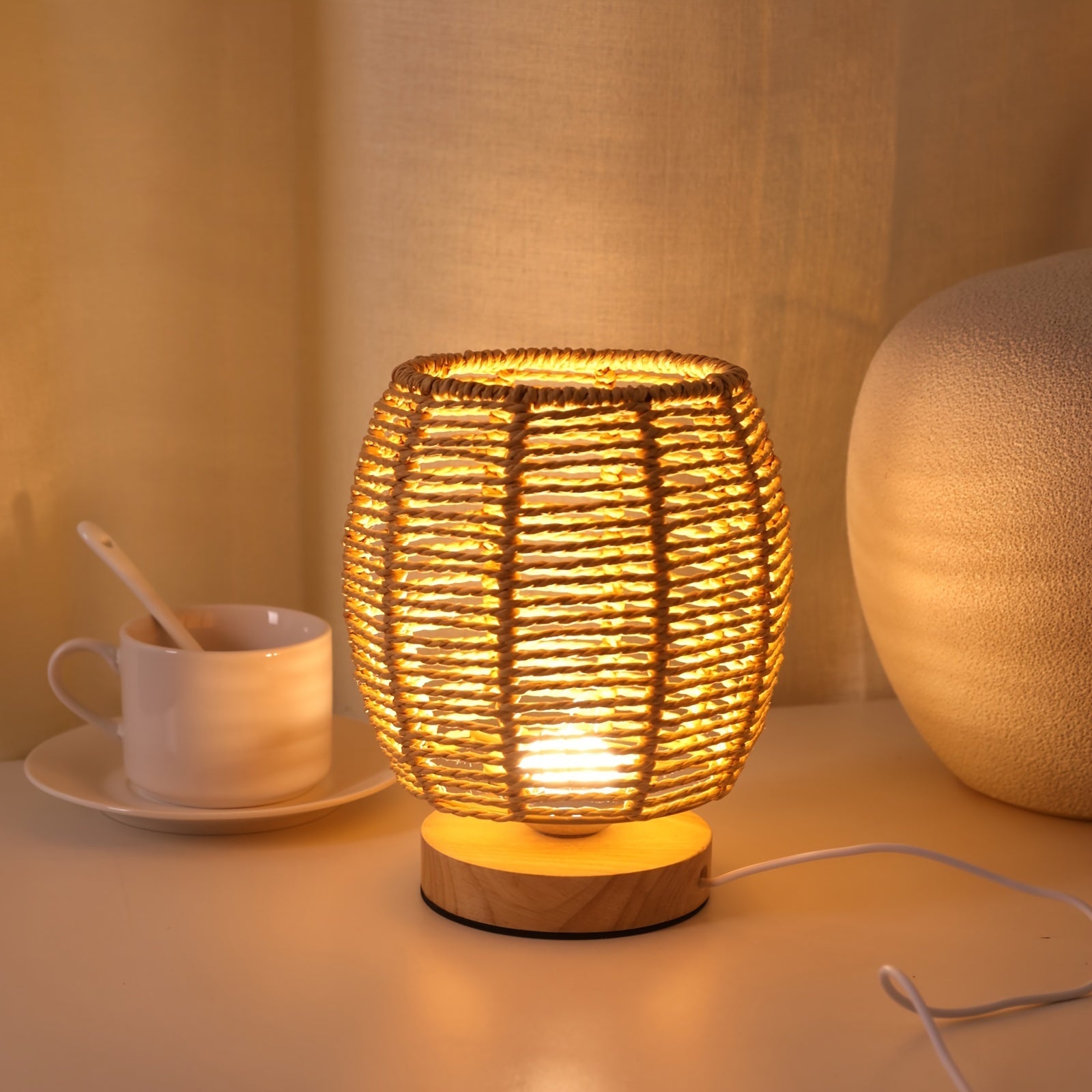 Traditional Woven Rattan-Style Table Lamp | USB Powered Wooden Base with Hollow-Out Linen Shade | Energy-Efficient Uplight for Bedroom, Living Room, Study & Dining Room FJORD
