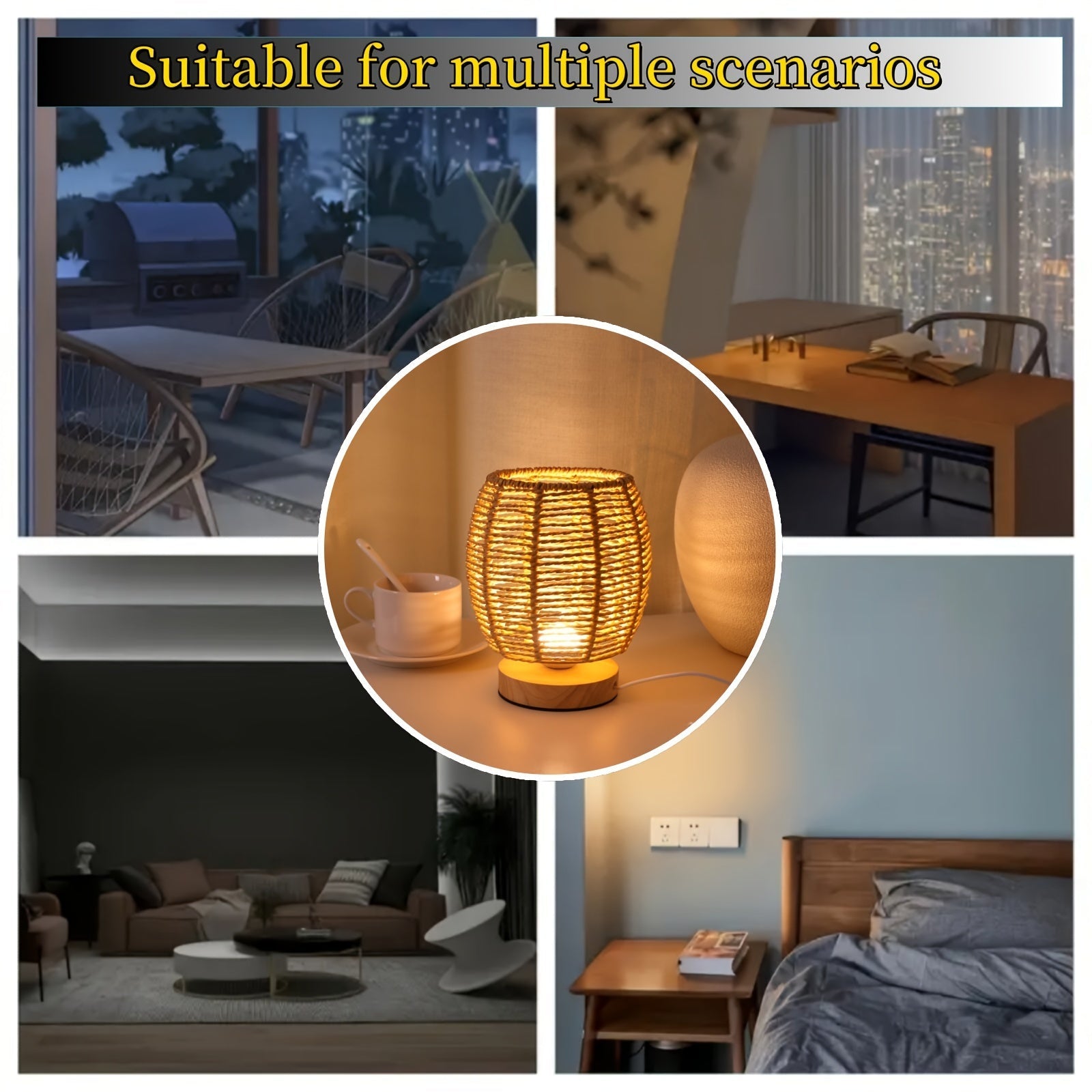 Traditional Woven Rattan-Style Table Lamp | USB Powered Wooden Base with Hollow-Out Linen Shade | Energy-Efficient Uplight for Bedroom, Living Room, Study & Dining Room FJORD