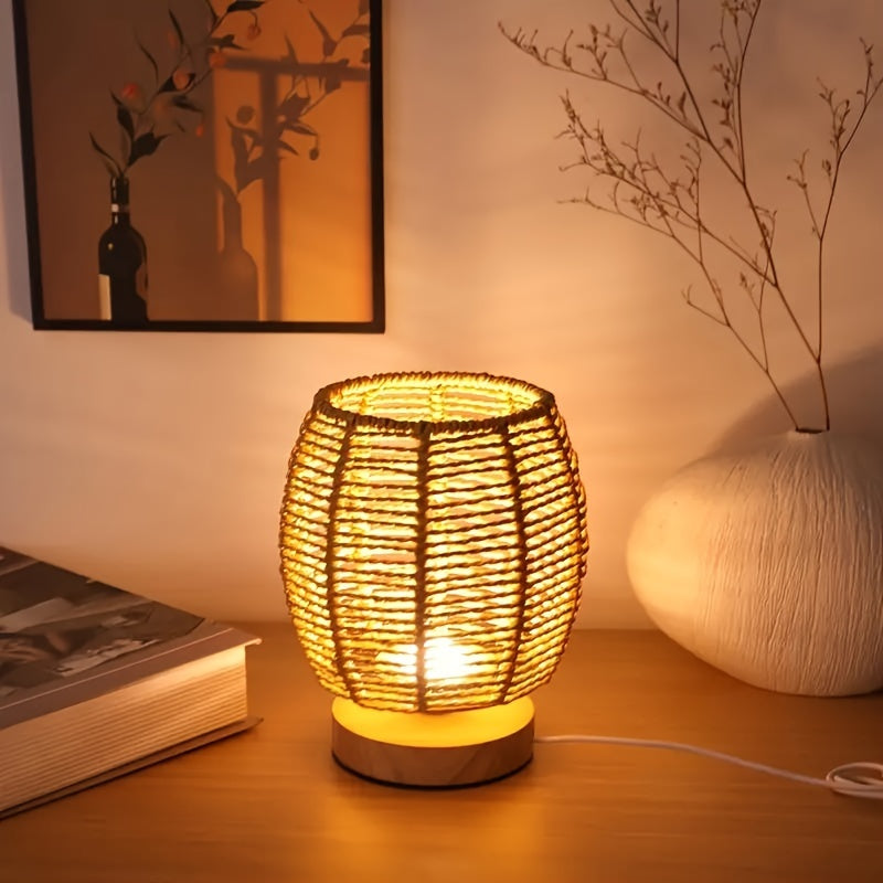 Modern Hand-Woven Table Lamp - Wood Base, Linen Shade, USB Powered LED Desk Lamp for Bedroom, Study, Living Room FJORD