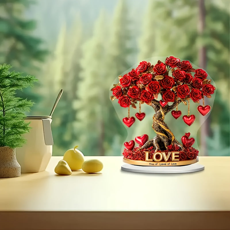 2D Crystal Heart Rose Tree Decor | Bohemian Acrylic "Tree of Love" | Golden Base | Perfect for Living Room & Bedroom | Romantic Gift for Holidays & Special Occasions