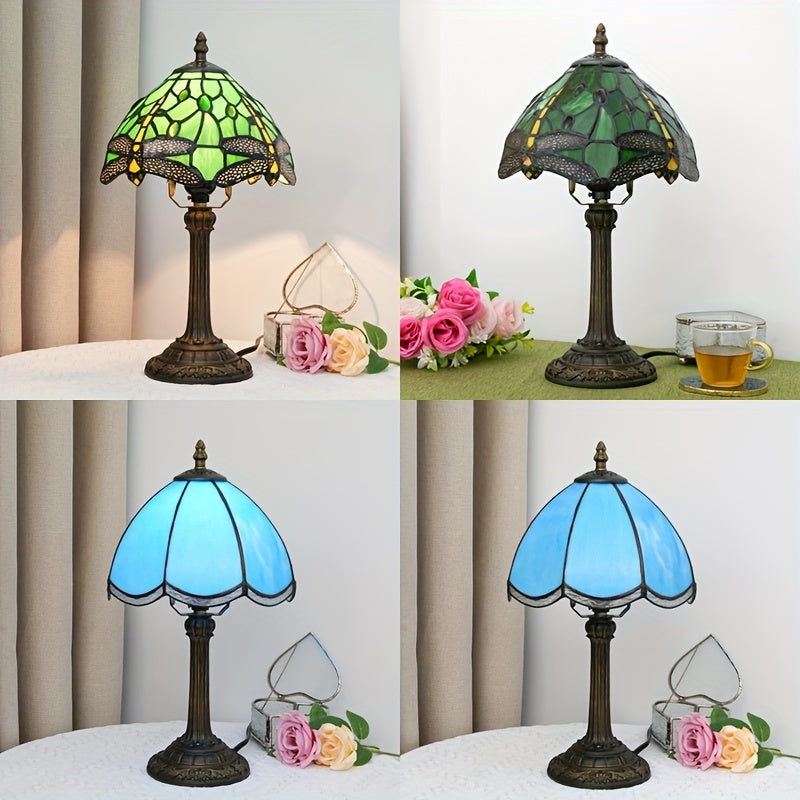 Vintage Art Deco Stained Glass Table Lamp - 8-inch, Antique Metal Base, Push Button Control, Animal Theme - Ideal for Bedroom, Living Room, Office, Creative Gift FJORD