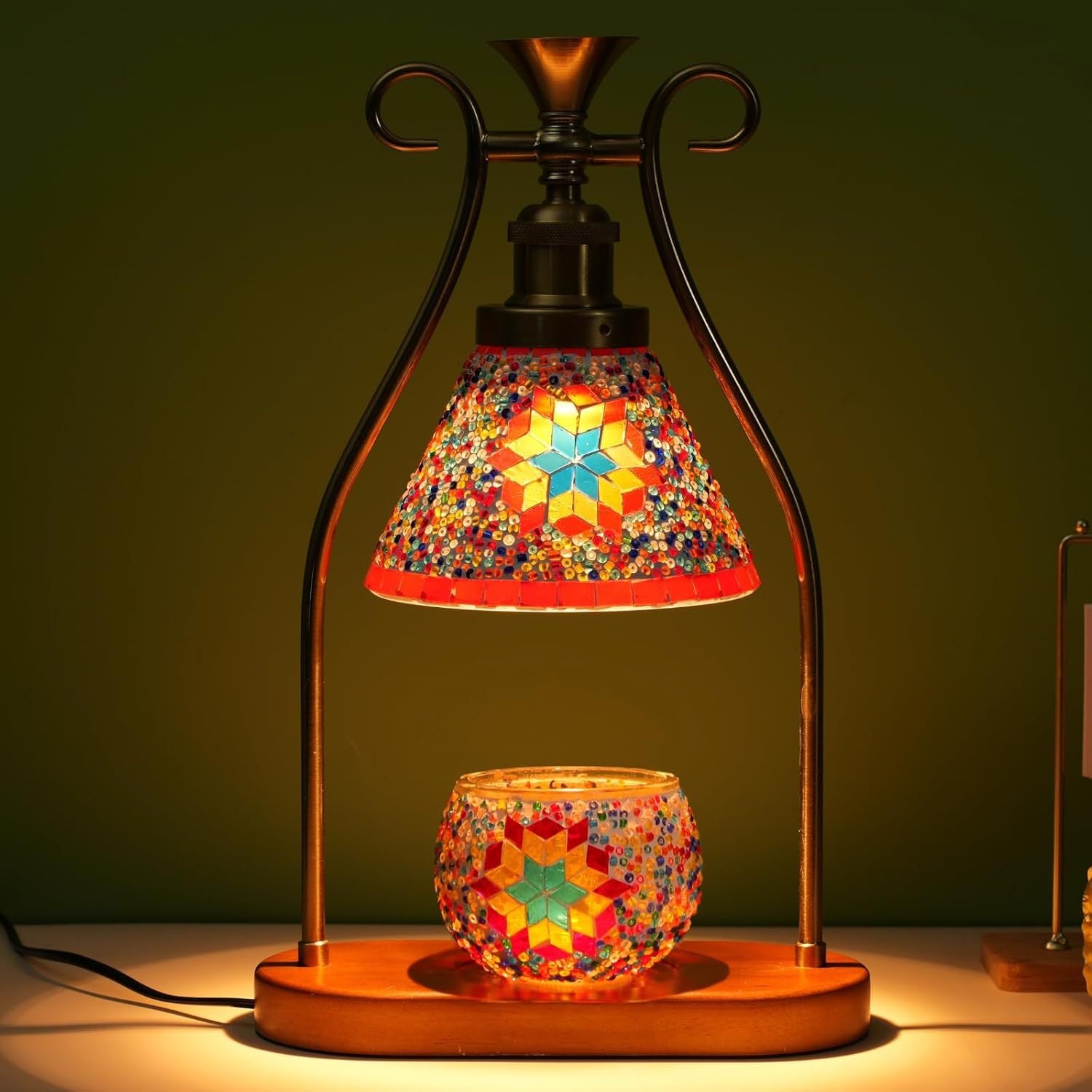 Turkish Mosaic Table Lamp, Wax Warmer, Adjustable Brightness, Aromatherapy & Mood Lighting, Vintage Bohemian Style, Perfect for Home Decor & Gift FJORD