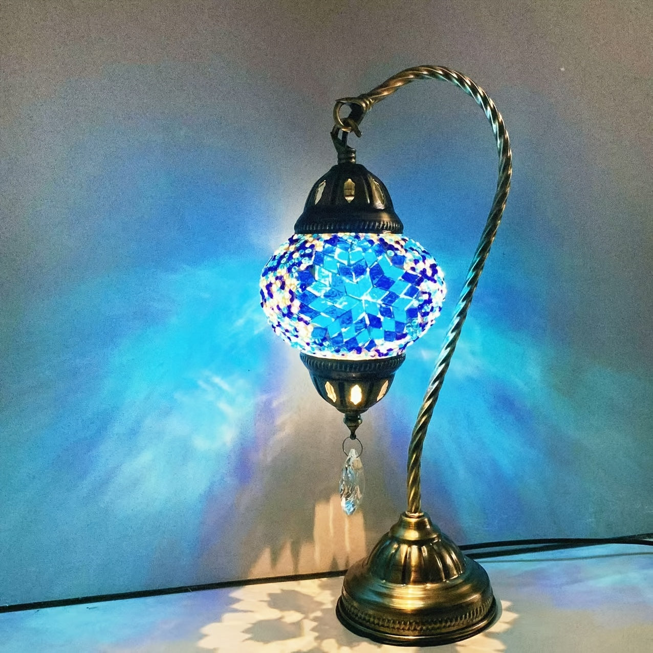 Charming Blue Glass USB Table Lamp - Turkish Mosaic Design for Bedroom, Living Room & Study Decor