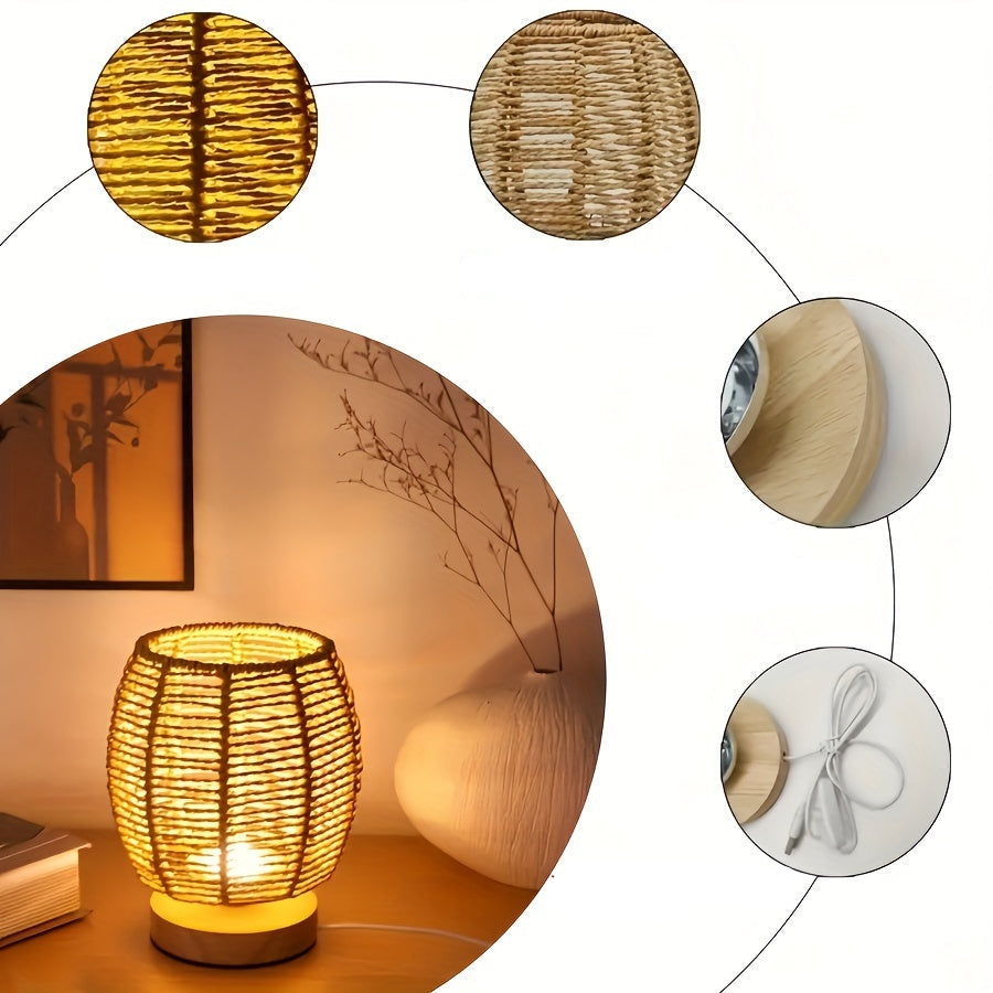 Modern Hand-Woven Table Lamp - Wood Base, Linen Shade, USB Powered LED Desk Lamp for Bedroom, Study, Living Room FJORD