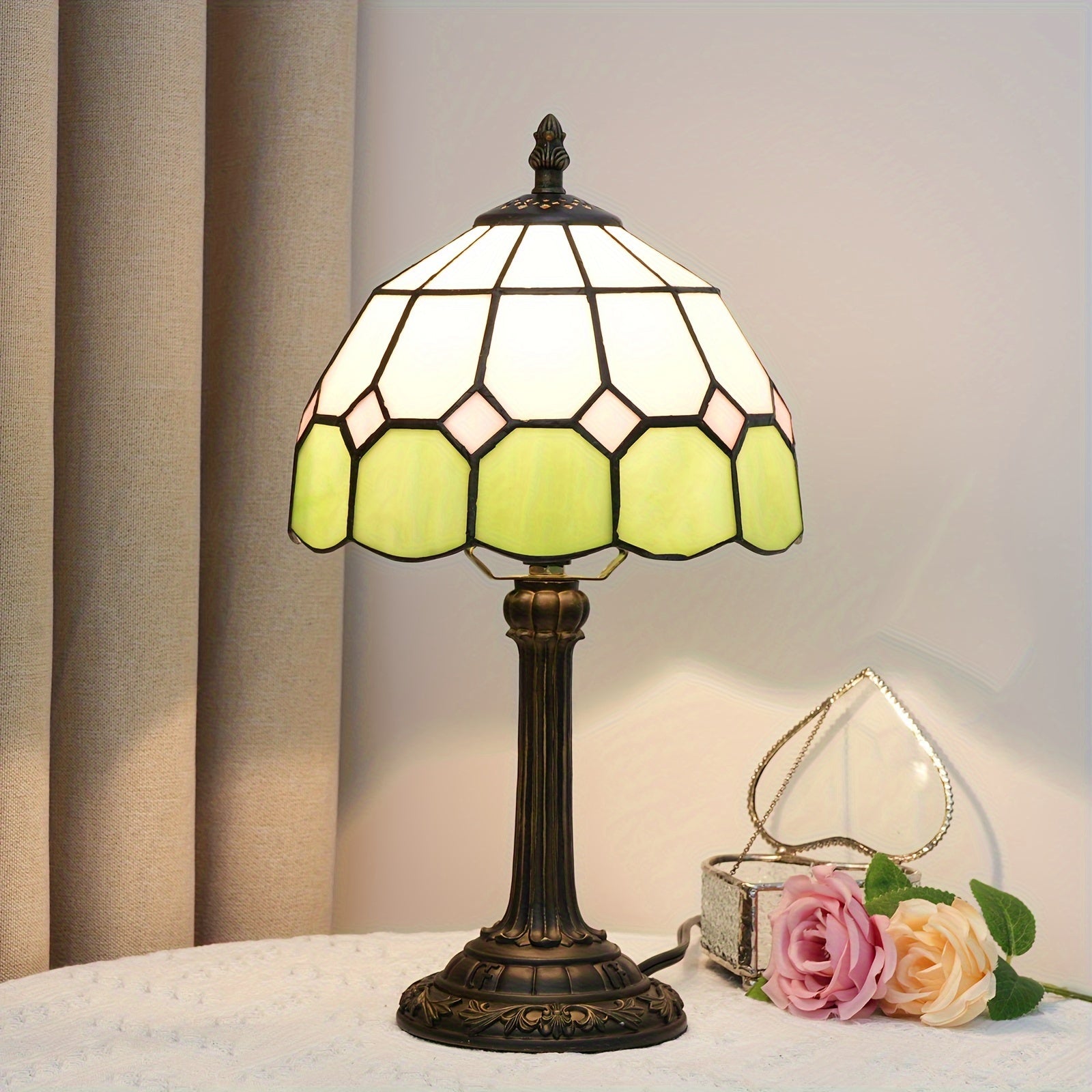Vintage Art Deco Stained Glass Table Lamp - 8-inch, Antique Metal Base, Push Button Control, Animal Theme - Ideal for Bedroom, Living Room, Office, Creative Gift FJORD