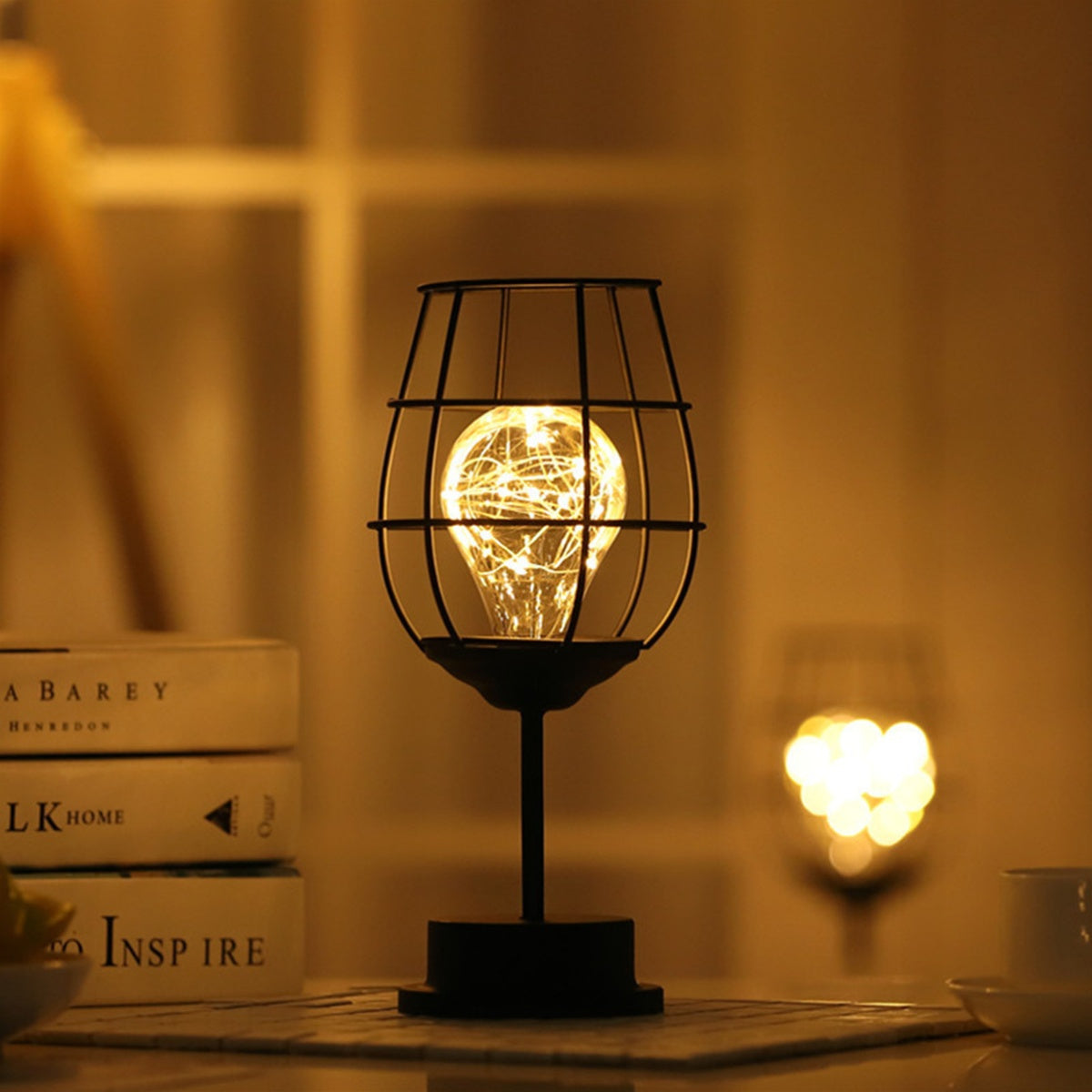 Industrial Iron Wire Cage Night Light, Battery-Powered LED Table Lamp – Modern Decorative Accent for Bedroom, Living Room, Office – Fits 3 AA Batteries (Not Included), Stylish Home Decor FJORD