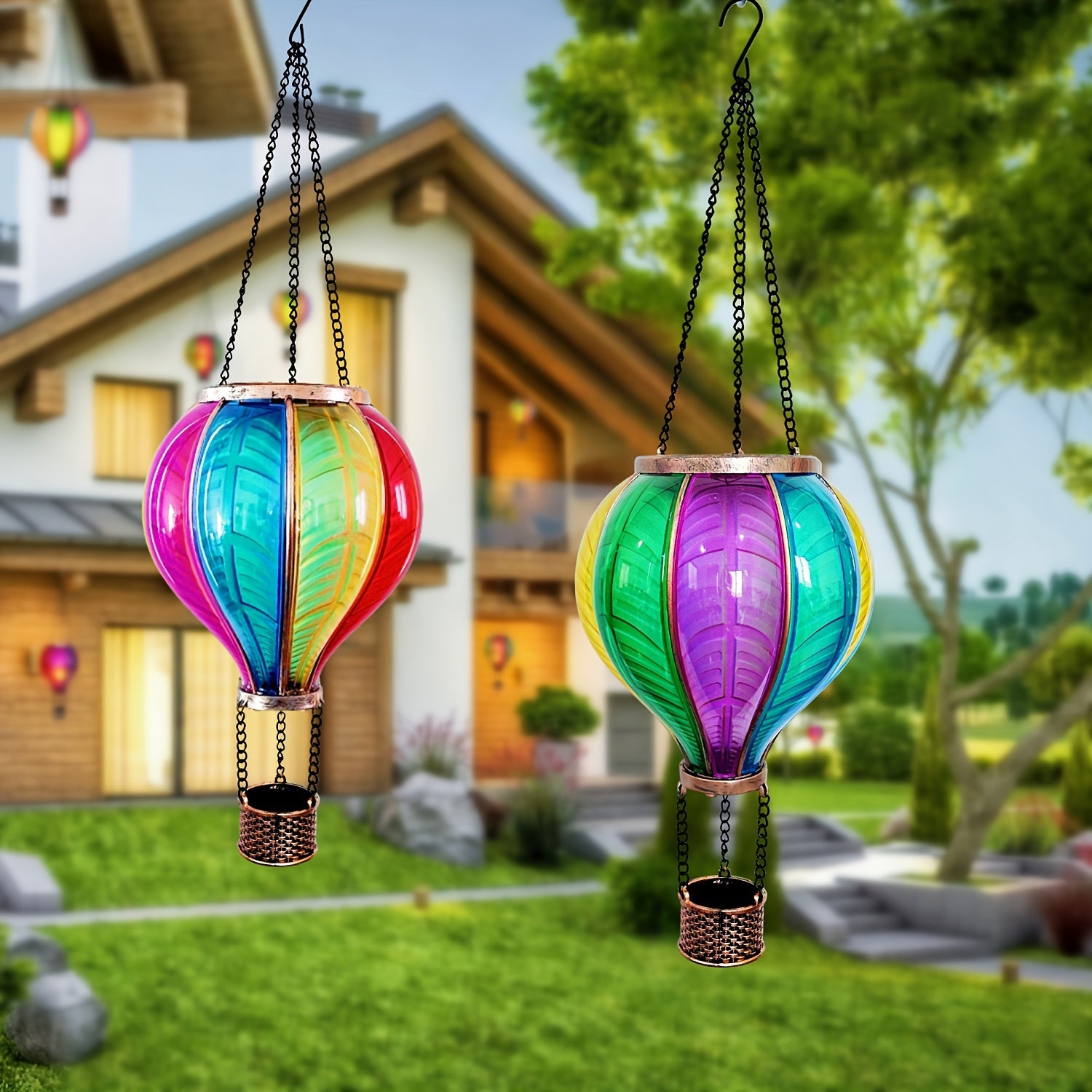 2PC Solar Hot Air Balloon Lanterns with Flickering Flame & Shepherd Hooks – Colorful Outdoor LED Lights for Garden, Patio, Porch, Yard Decor – Weatherproof & Energy-Saving