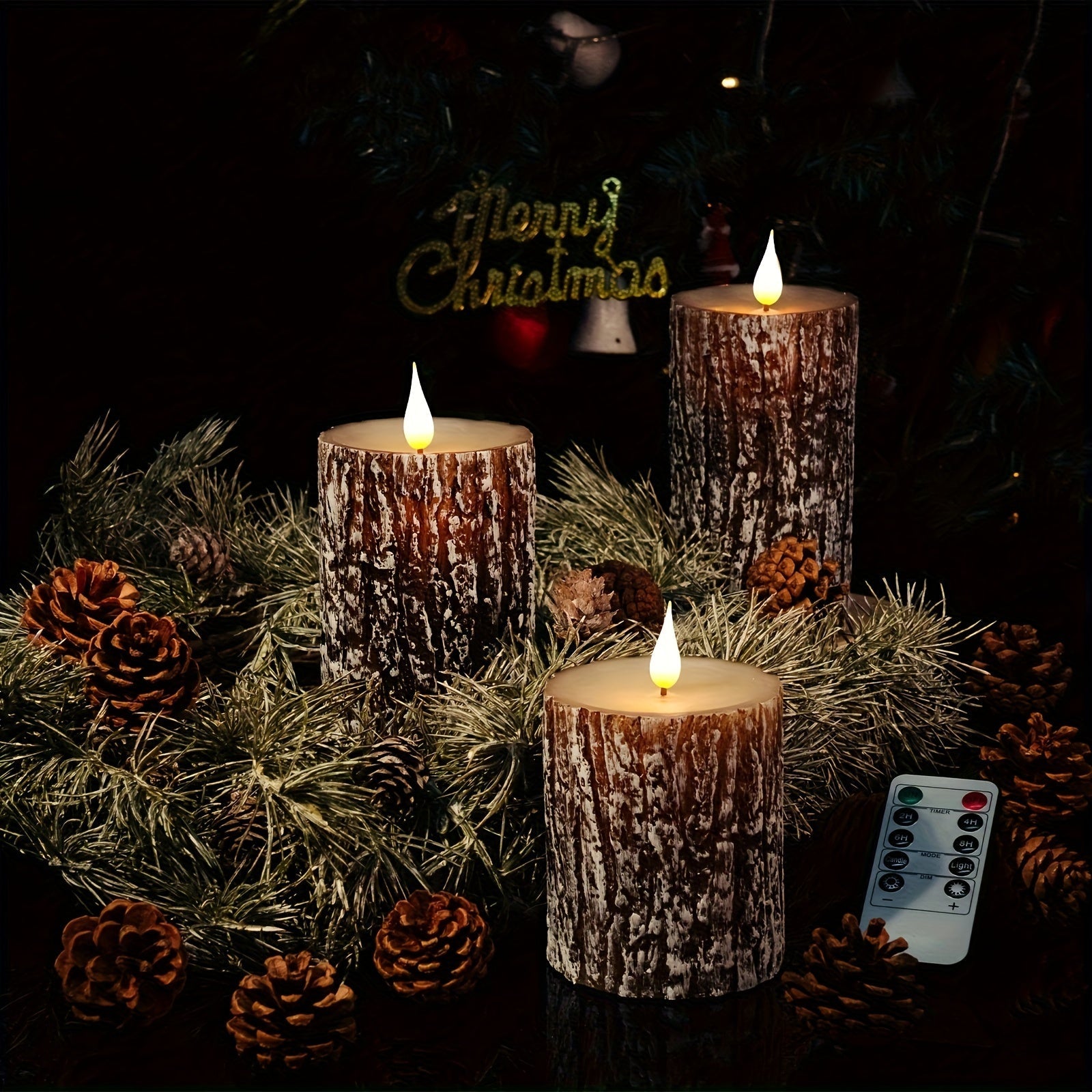 Rustic Pine Bark Flameless Candle Set - Flickering LED Candles with Timer & Remote, Realistic Tree Stump Design for Home & Outdoor Decor, Battery Operated, Set of 3 FJORD
