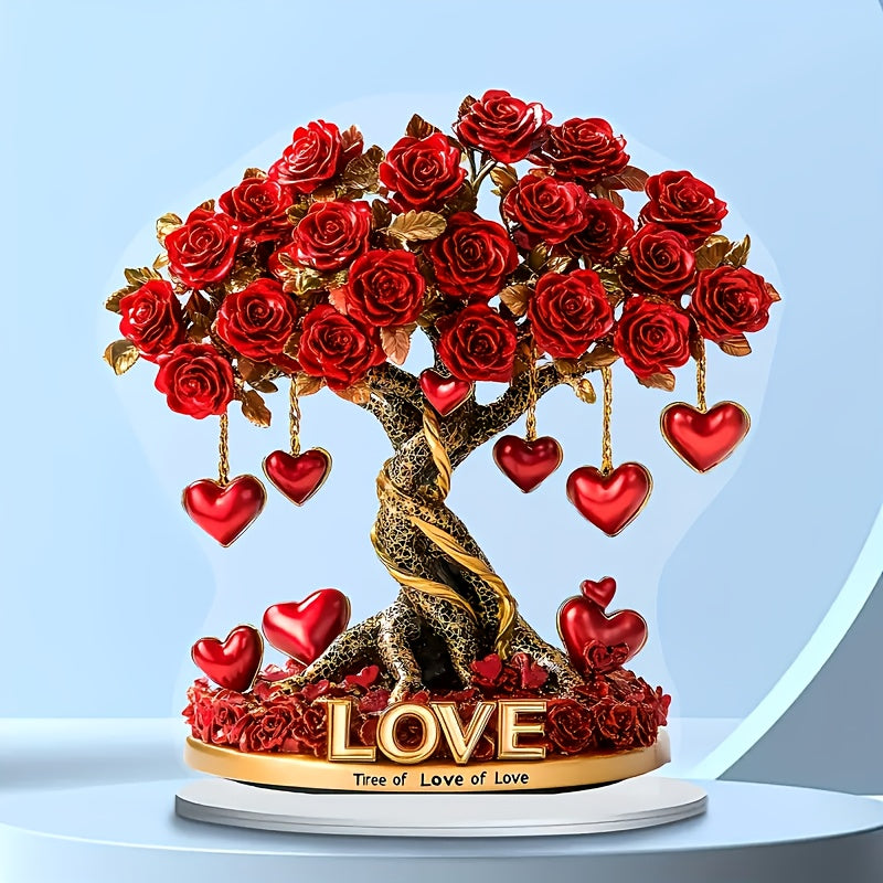 2D Crystal Heart Rose Tree Decor | Bohemian Acrylic "Tree of Love" | Golden Base | Perfect for Living Room & Bedroom | Romantic Gift for Holidays & Special Occasions