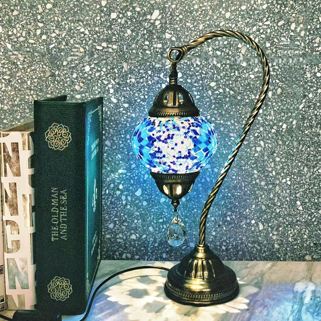 Charming Blue Glass USB Table Lamp - Turkish Mosaic Design for Bedroom, Living Room & Study Decor