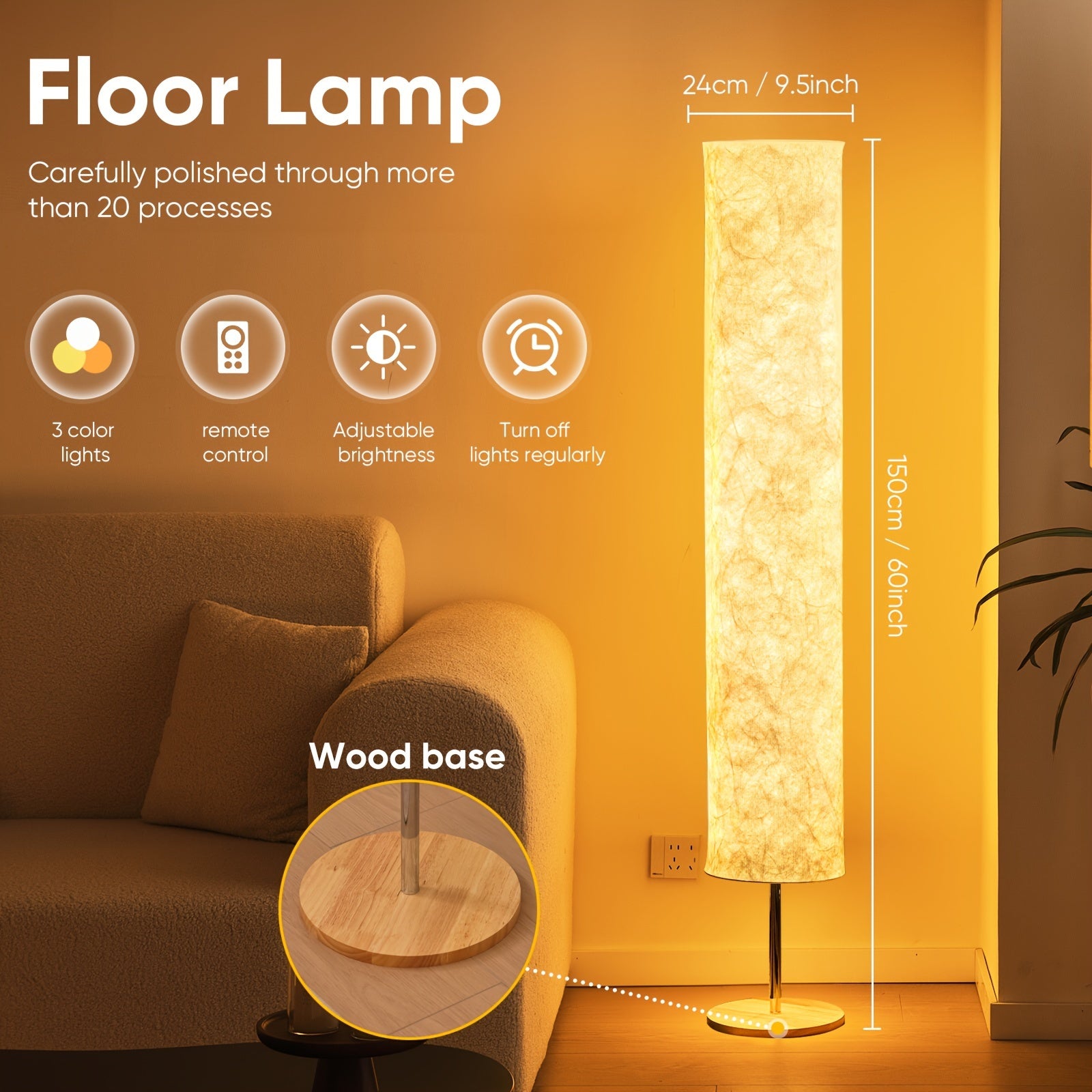 60" Soft Light Floor Lamp - Modern Minimalist USB LED, 3000K Warm Light, Slim Fabric Shade for Living Room & Bedroom, Energy-Efficient, Easy Assembly, Perfect Gift