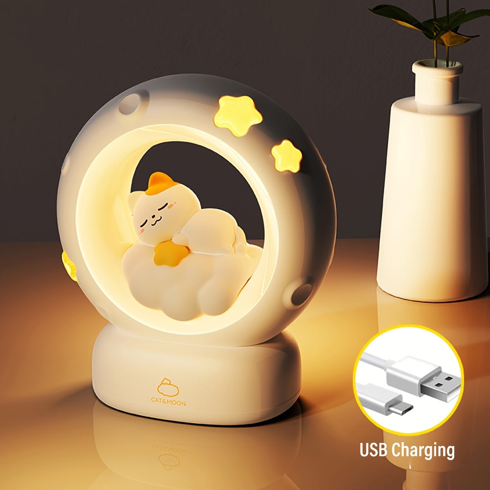 USB Rechargeable Sleeping Cat Night Light | 3-Level Brightness & Touch Control | LED Table Lamp for Bedroom & Living Room FJORD