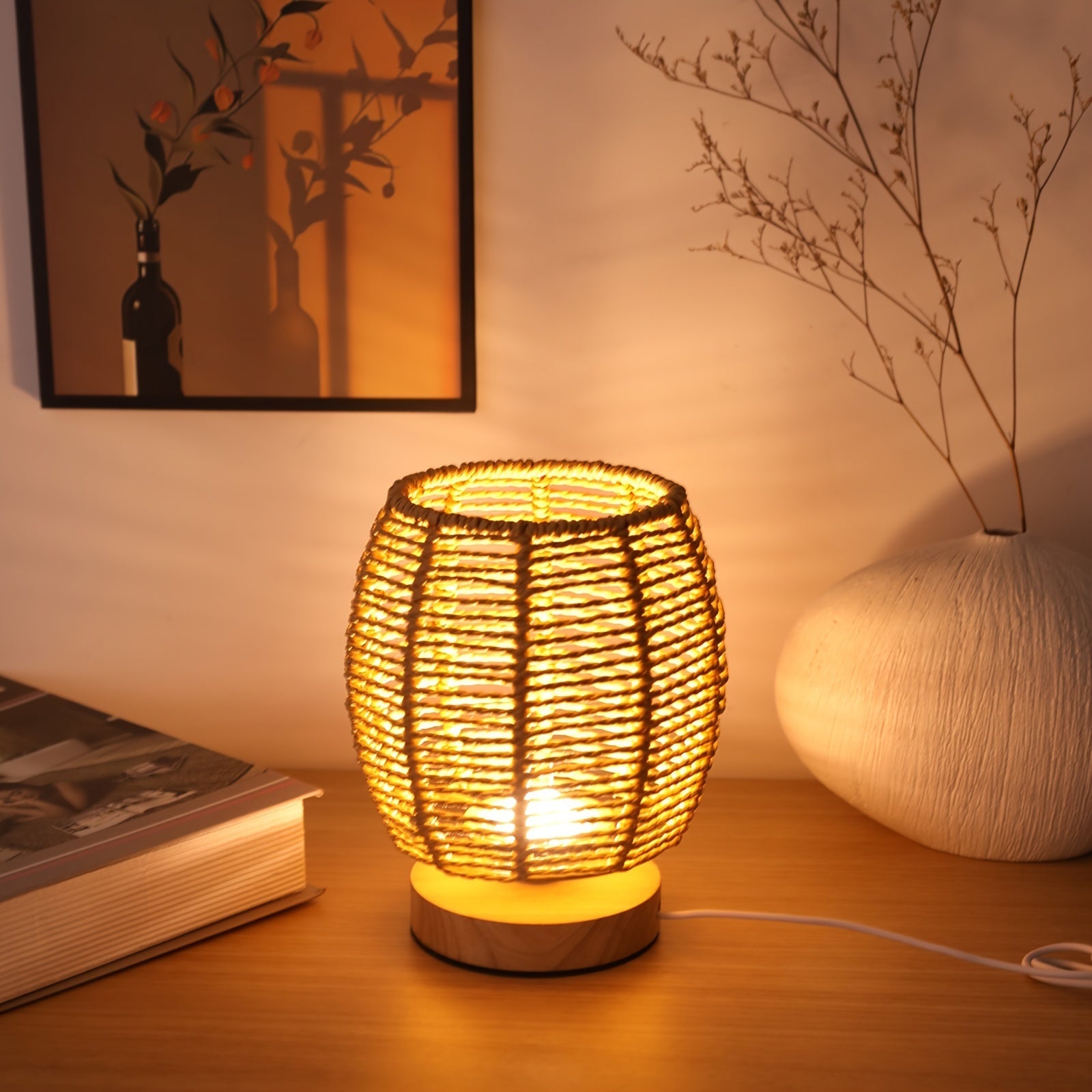 Traditional Woven Rattan-Style Table Lamp | USB Powered Wooden Base with Hollow-Out Linen Shade | Energy-Efficient Uplight for Bedroom, Living Room, Study & Dining Room FJORD
