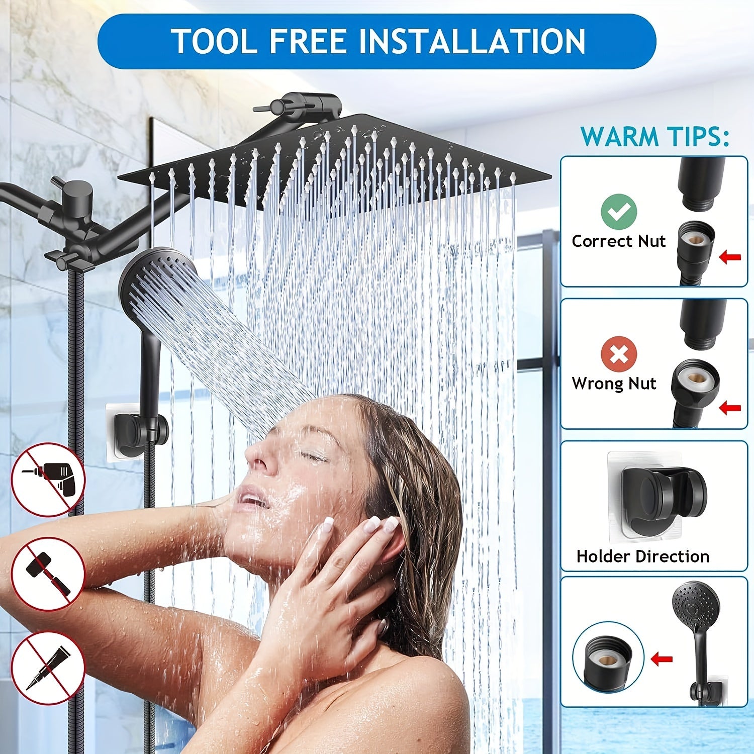 High Pressure Dual Rain Shower Head with Handheld Spray | 12 Inch All Metal, Adjustable Height & Angle, Matte Black, 5-Mode Spray, Extension Arm & Stainless Steel Hose