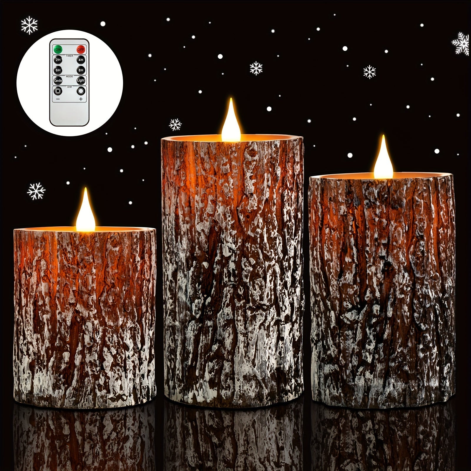 Rustic Pine Bark Flameless Candle Set - Flickering LED Candles with Timer & Remote, Realistic Tree Stump Design for Home & Outdoor Decor, Battery Operated, Set of 3 FJORD