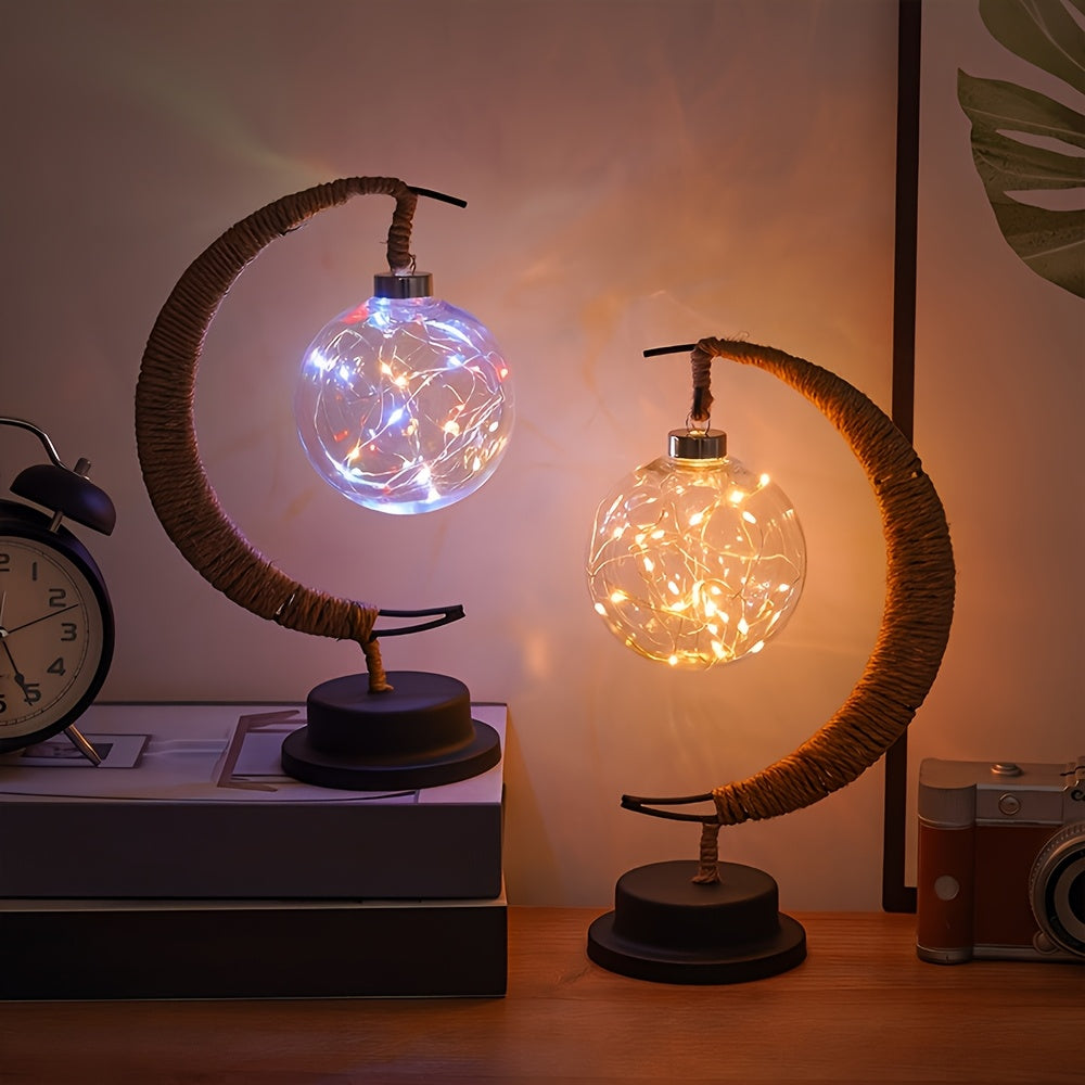 Battery-Powered LED Moon Lamp with Half Moon Stand | Warm White Decorative Table Light for Bedroom, Bar, or Gift