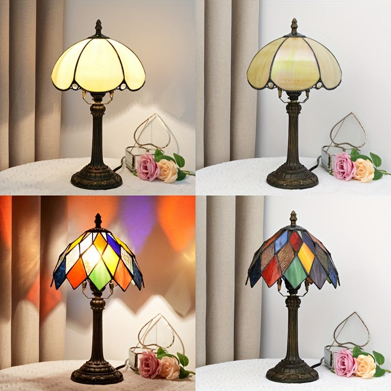 Vintage Art Deco Stained Glass Table Lamp - 8-inch, Antique Metal Base, Push Button Control, Animal Theme - Ideal for Bedroom, Living Room, Office, Creative Gift FJORD
