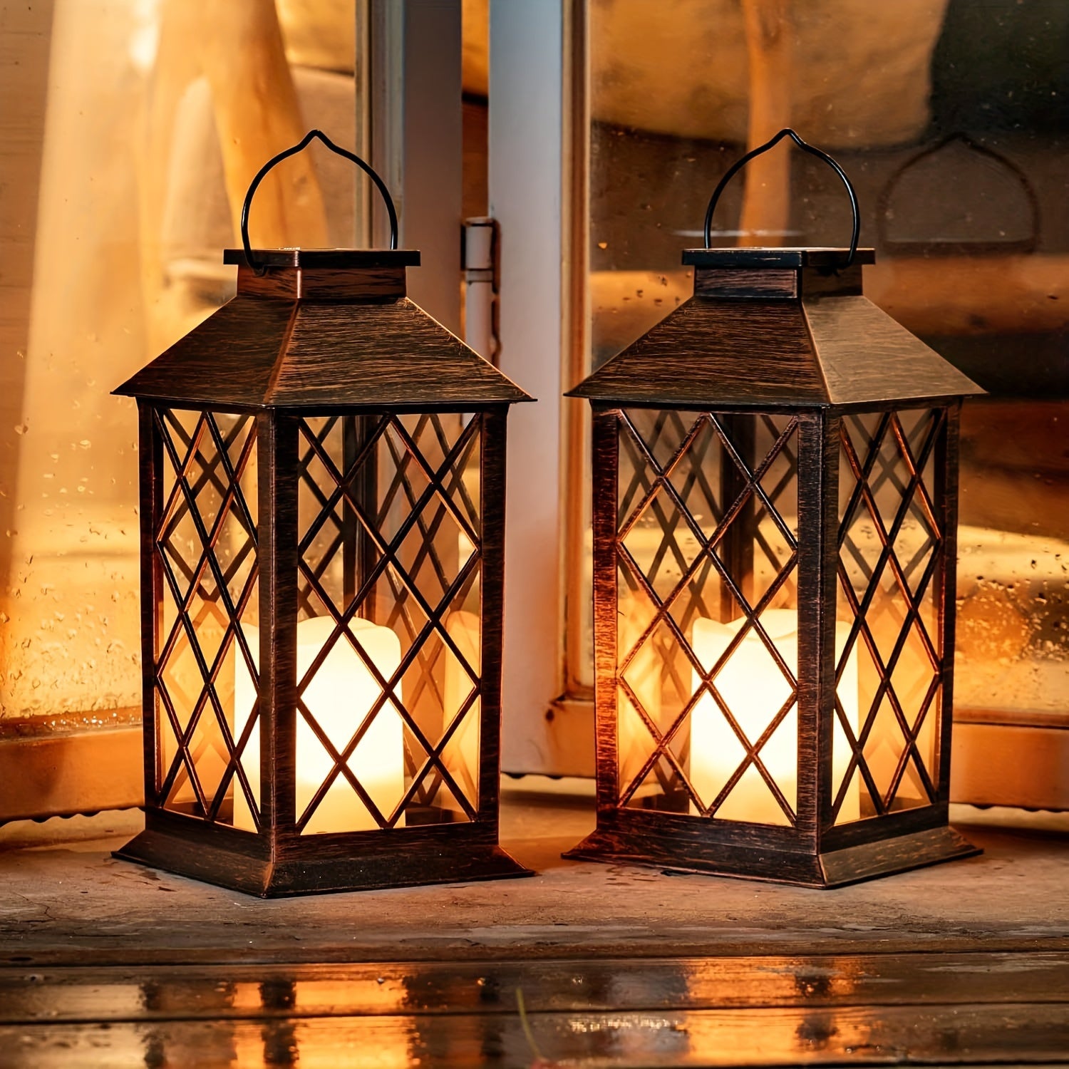 2 Pack Solar Lanterns with Flickering Flame Effect - Waterproof Outdoor Hanging Lanterns with Timer for Patio, Porch, Balcony & Garden - Battery Operated LED Decorative Lanterns for Indoor & Outdoor Ambiance