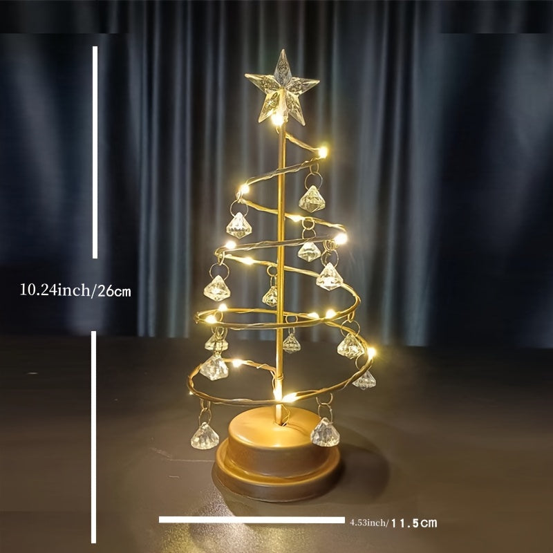 Adjustable LED Christmas Tree Night Light | Metal Design with Crystal Decorations | Modern Tabletop Lamp, Battery-Powered, Dimmable Switch